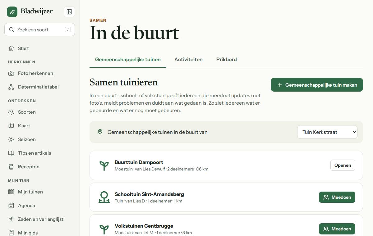 In de buurt: gemeenschappelijke tuinen met hun afstand en een knop om mee te doen