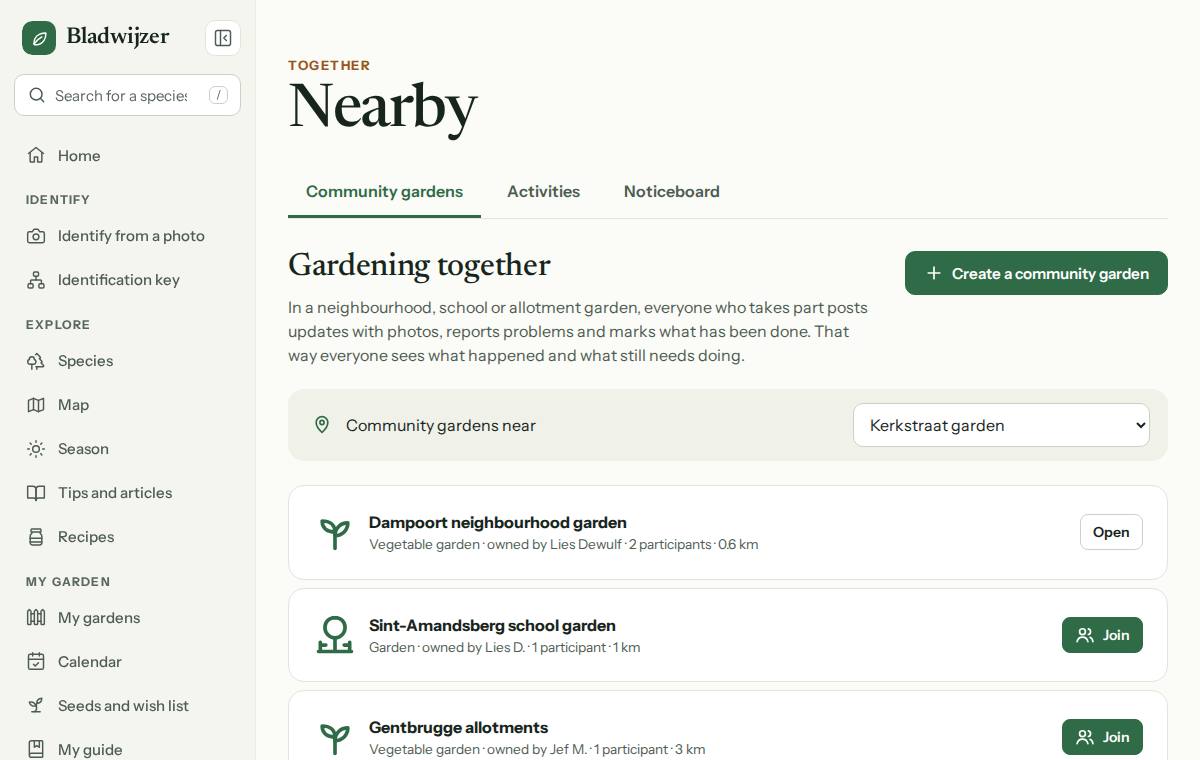Nearby: community gardens with their distance and a button to join