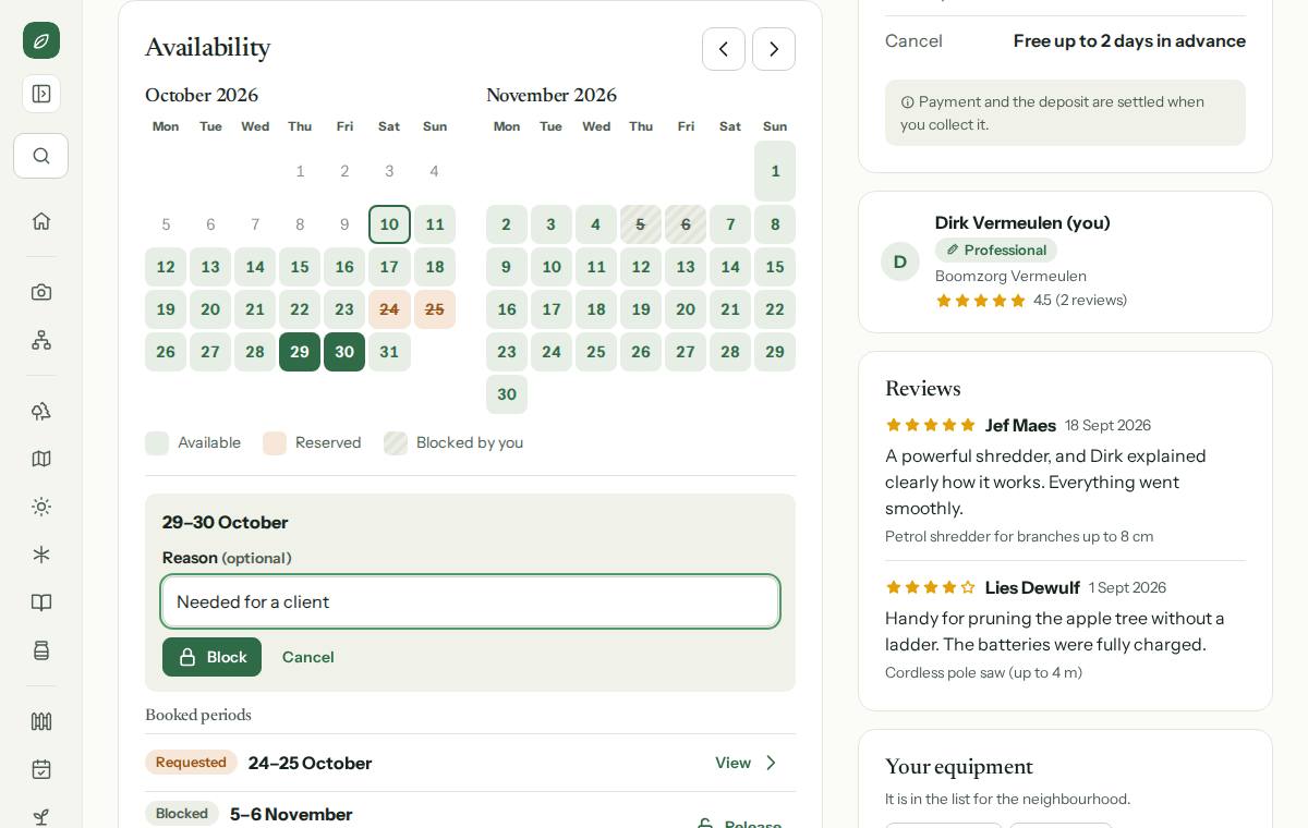 Blocking days: a period chosen in the calendar, with a reason, and the booked periods below