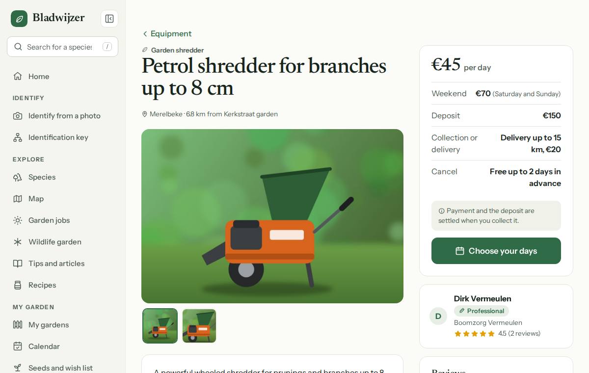 The page for a shredder: photos, price per day and per weekend, deposit, delivery and the owner with their reviews