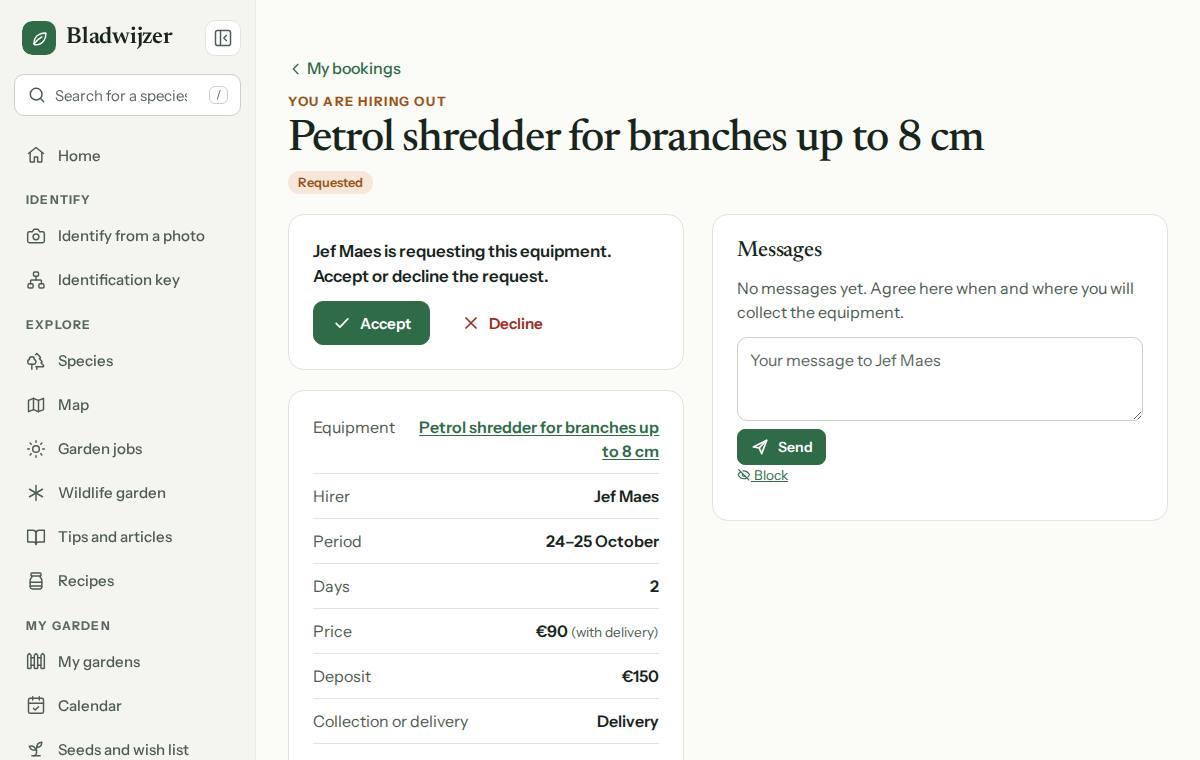A request waiting for the owner, with the Accept and Decline buttons and the details of the booking