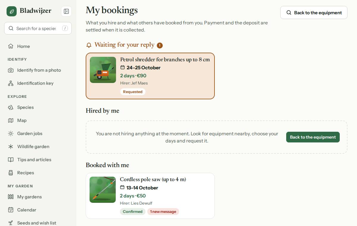 My bookings: a request waiting for your reply, what you are hiring and what has been booked with you