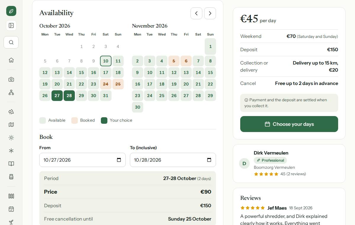 Booking: two days chosen in the availability calendar, with the price, the deposit and the last day to cancel for free