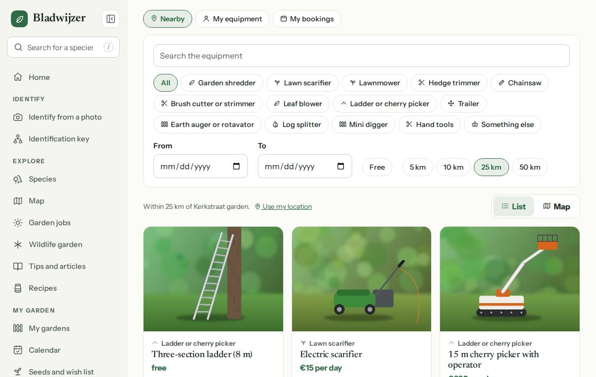 Equipment nearby: search by type, date, distance and free items, with cards for what is on offer