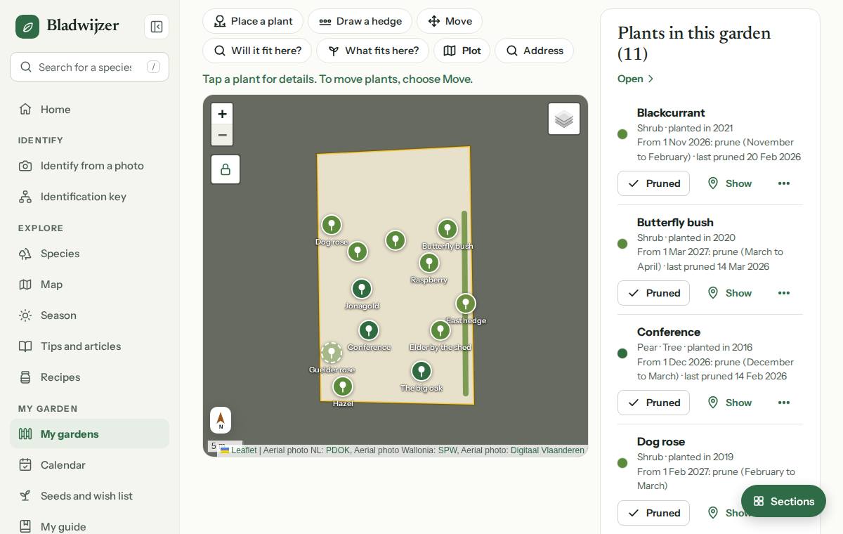 A garden with its plot, plants and pruning schedule