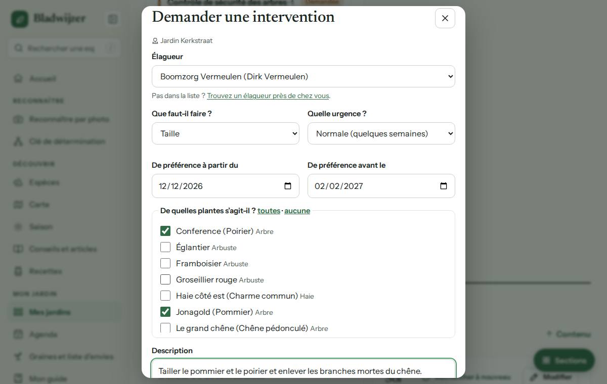 Demander une intervention, avec les plantes et les pièces jointes
