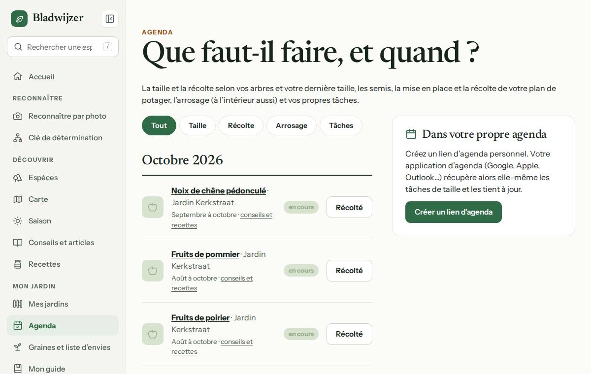 L’agenda avec ce qu’il y a à faire ce mois-ci et le bouton pour votre propre lien d’agenda