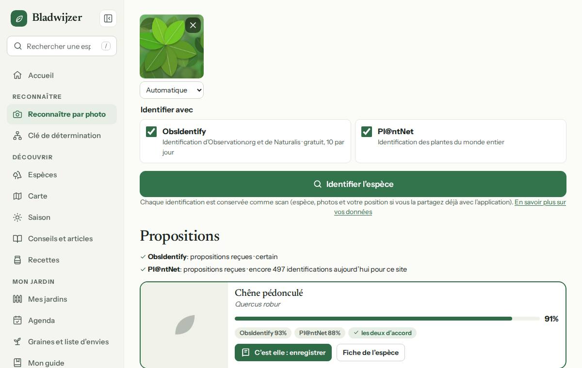 Identifier avec une photo : des suggestions avec leur degré de certitude et « les deux d’accord »
