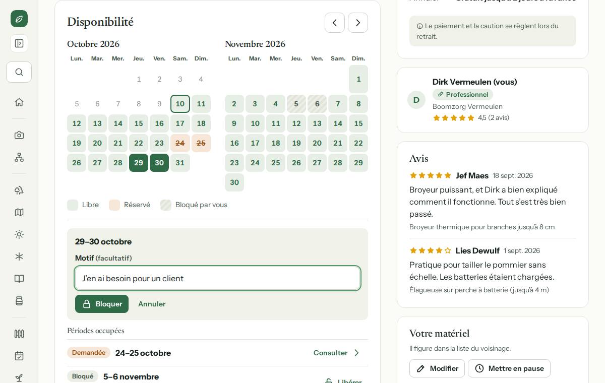Bloquer des jours : une période choisie dans le calendrier, avec un motif, et les périodes occupées en dessous
