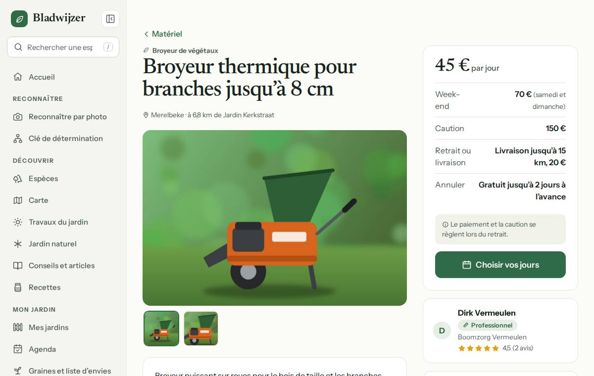 La page d’un broyeur : photos, prix par jour et pour le week-end, caution, livraison et le propriétaire avec ses avis