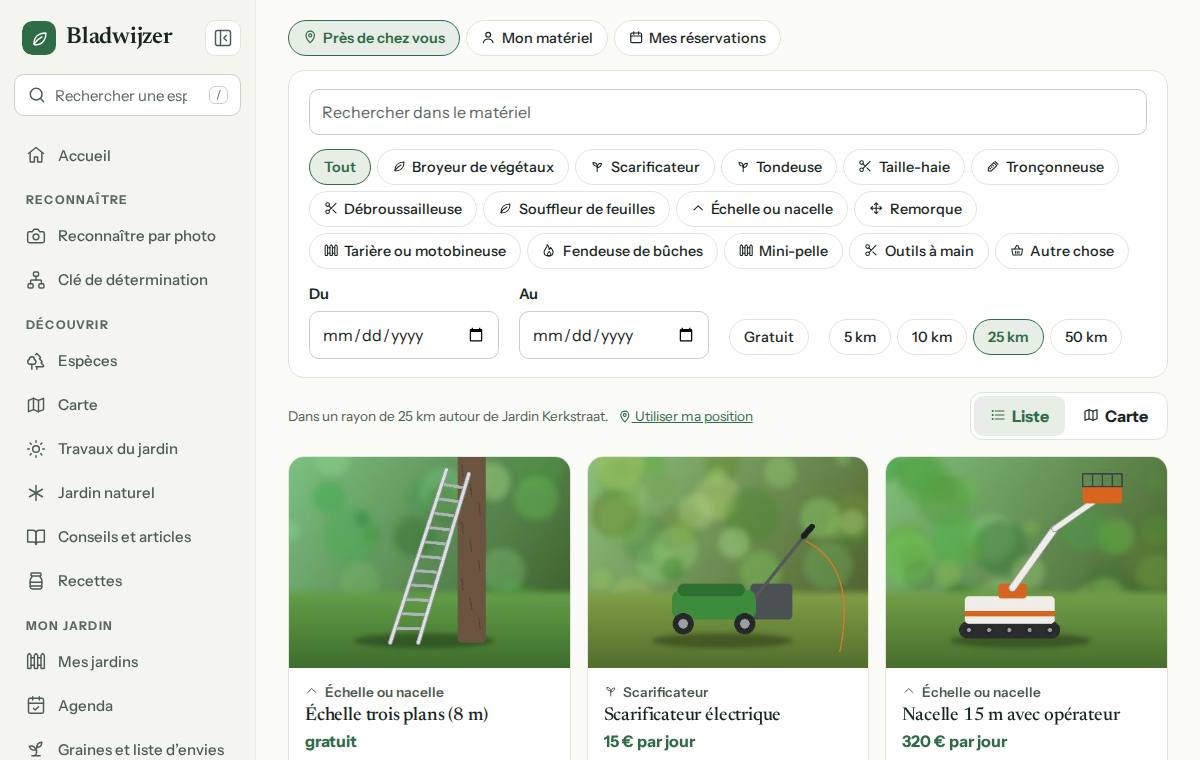 Le matériel près de chez vous : recherche par type, date, distance et gratuité, avec les cartes des annonces