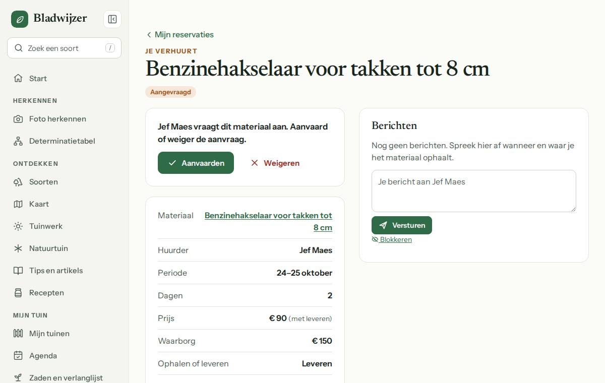 Een aanvraag die op de eigenaar wacht, met de knoppen Aanvaarden en Weigeren en de details van de reservatie