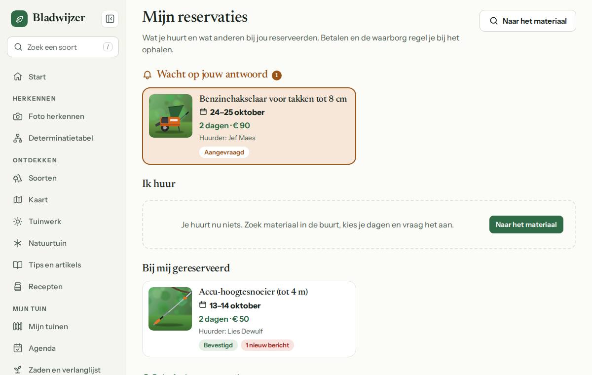 Mijn reservaties: een aanvraag die op jouw antwoord wacht, wat je huurt en wat bij jou gereserveerd is