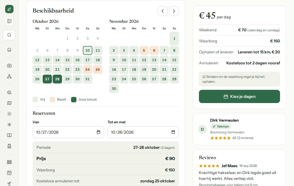 Reserveren: twee dagen gekozen in de beschikbaarheid, met de prijs, de waarborg en tot wanneer je kosteloos annuleert
